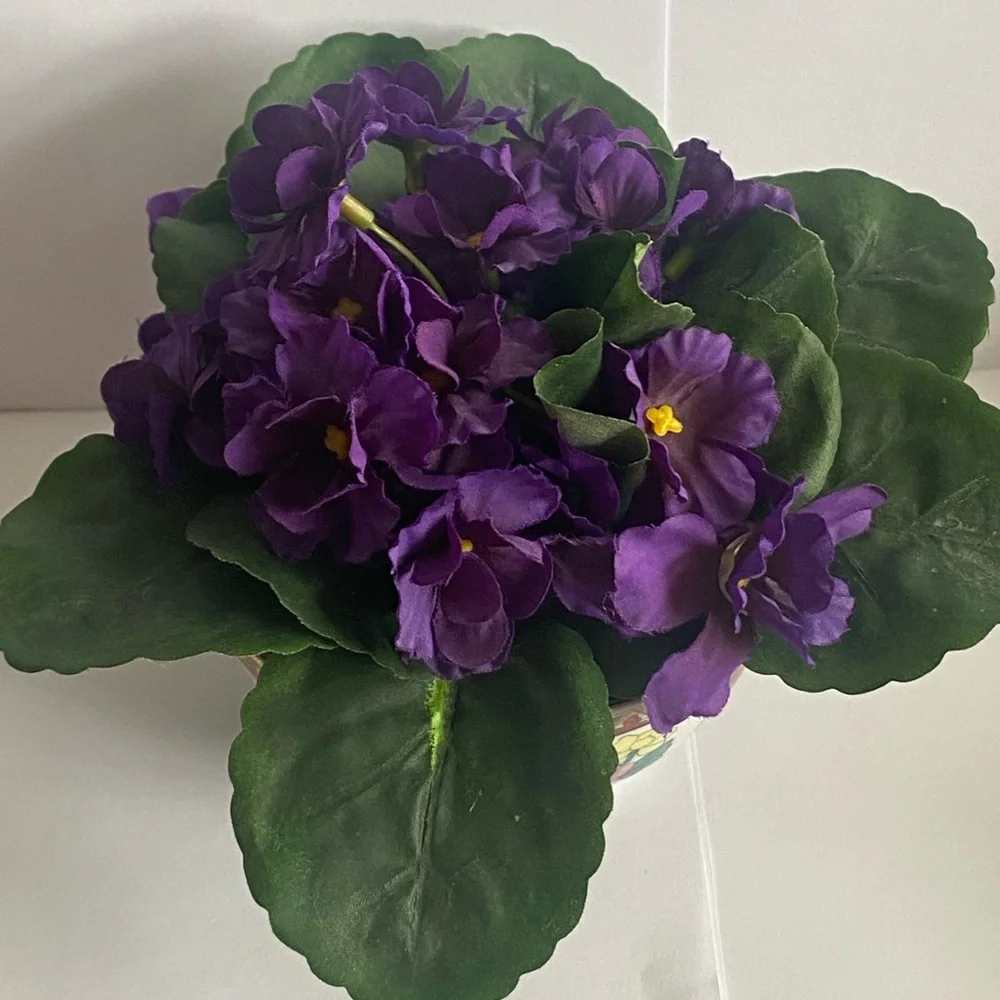 Artificial Purple African Violet in Hand Painted Ceramic Oriental Design Planter